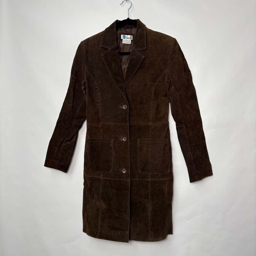 Vintage 90s Womens XS Brown Suede Leather Long Trench Coat Jacket Patch Pocket